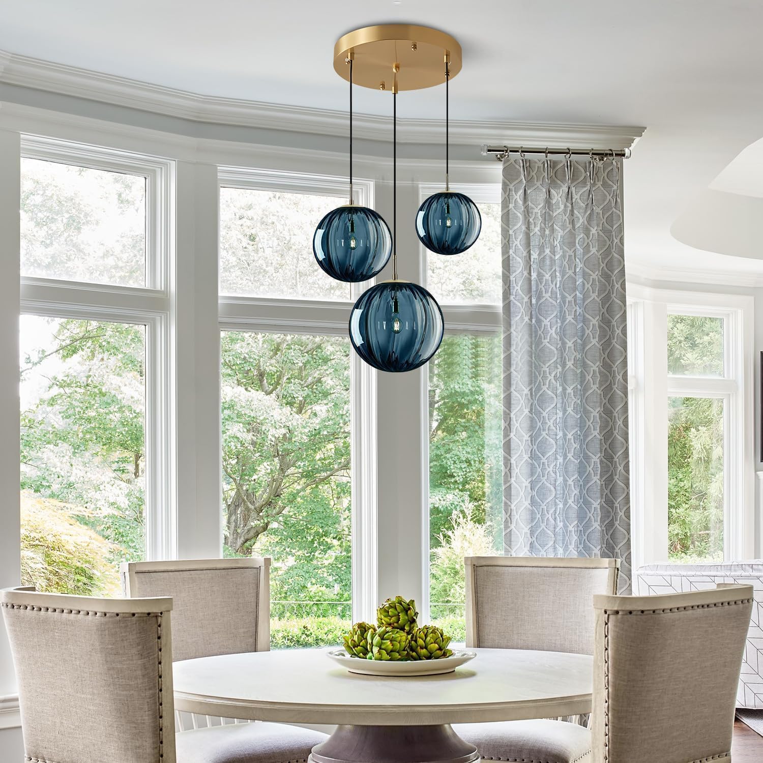 KCO Lighting Mid Century Modern 3-Lights Globe Pendant Light Fixture Brass Gold Cluster Pendant Light Kitchen Island Multi Light Pendant Lighting Ceiling Hanging Blue Glass Hanging Light - Image 2