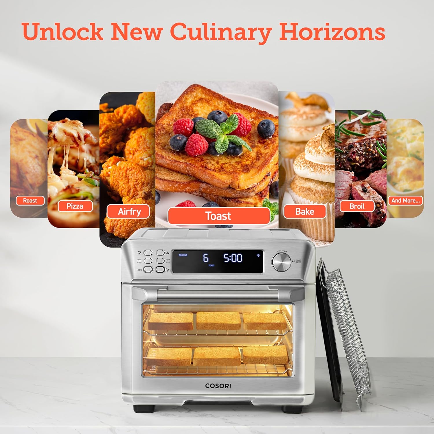 COSORI Smart 12-in-1 Air Fryer Toaster Oven Combo, Airfryer Convection Oven Countertop, Bake, Roast, Reheat, Broiler, Dehydrate, 75 Recipes & 3 Accessories, 26QT, Silver-Stainless Steel - Image 4