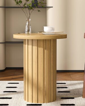 Farmhouse Pedestal End Table Round Side Table with Fluted Panel Rustic Drink Table for Small Space Living Room (Wood Color)