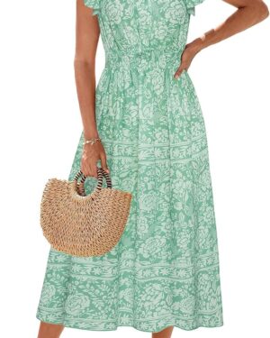 GRACE KARIN Women's Floral Boho Dress Hawaiian Dresse Short Sleeve V Neck Summer Beach Wedding Guest Swing Maxi Sundress