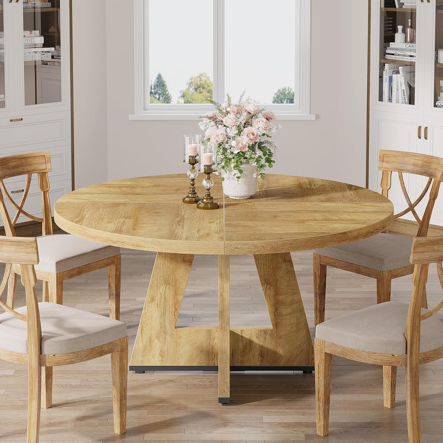 Tribesigns Round Dining Table Wood Kitchen Table for Dining Room, 47" Dinning Room Tables for 4 Adult, Farmhouse Dinner Table with Wooden Tabletop and Cross Base, Light Wood - Image 7