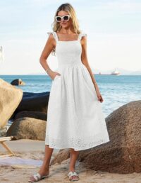 GRACE KARIN Women's 2025 Summer Ruffle Sleeve Midi Dress Square Neck Hollow Out Eyelet Smocked Beach Long Dress with Pockets - Image 2