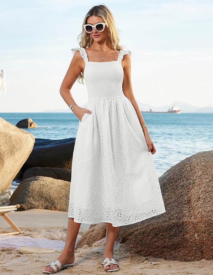 GRACE KARIN Women's 2025 Summer Ruffle Sleeve Midi Dress Square Neck Hollow Out Eyelet Smocked Beach Long Dress with Pockets - Image 2