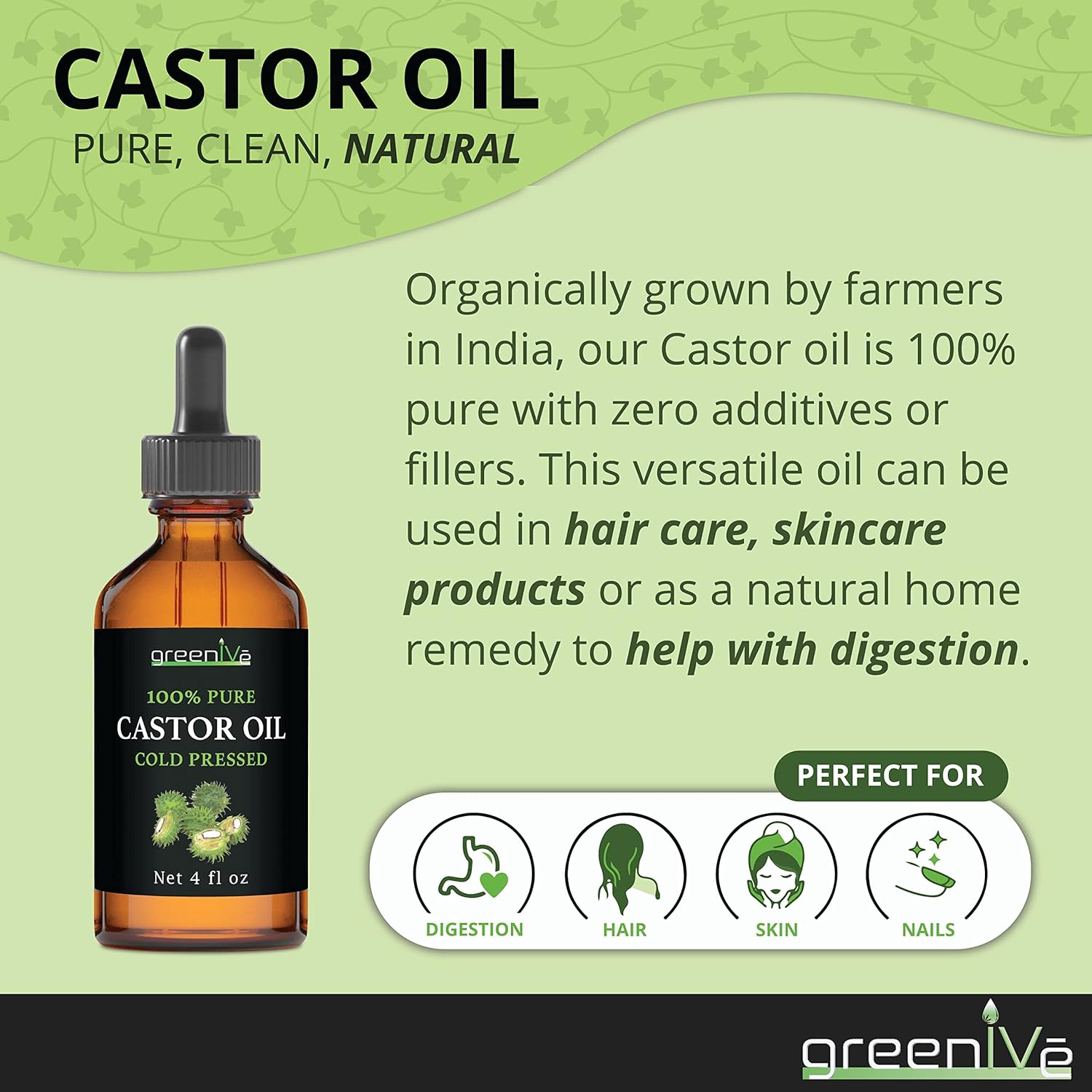 GreenIVe Castor Oil 100% Pure 4 fl oz Bottle Cold Pressed, Hexane Free, Eyelash and Eyebrow Growth Serum, Skin Moisturizer Detox and Wraps - Image 6