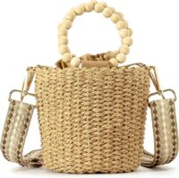 Herald Handmade Straw Top Handle Satchel Handbag for Women, Chic Woven Drawstring Bucket Crossbody Shoulder Purse (Brown)