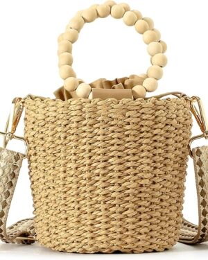 Herald Handmade Straw Top Handle Satchel Handbag for Women, Chic Woven Drawstring Bucket Crossbody Shoulder Purse (Brown)