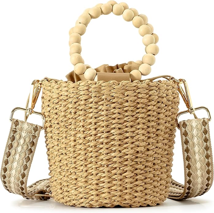 Herald Handmade Straw Top Handle Satchel Handbag for Women, Chic Woven Drawstring Bucket Crossbody Shoulder Purse (Brown)