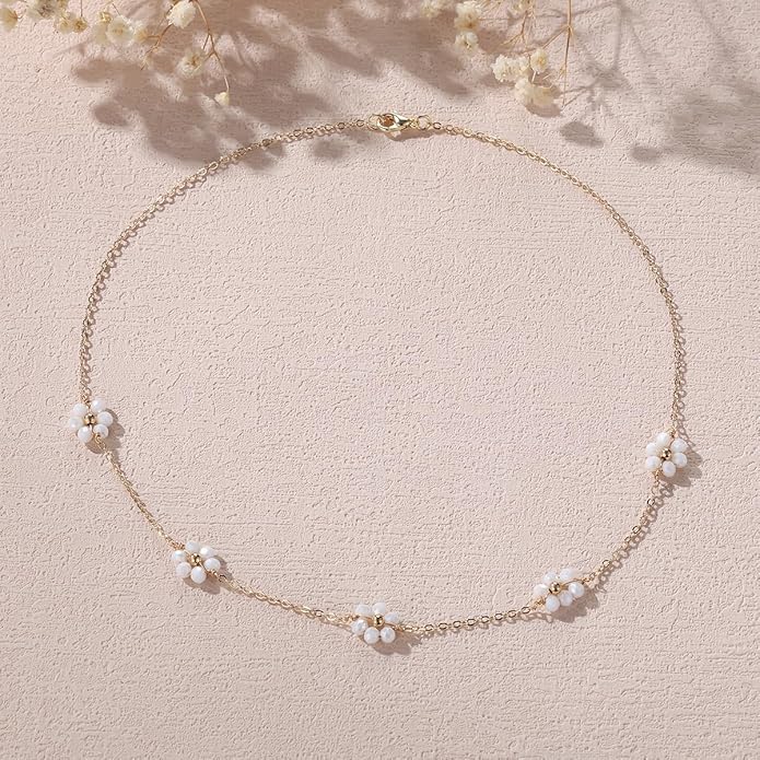 Daisy Flower Choker Necklace 14K Gold Plated Beaded Pearl Choker for Women Jewelry Gifts - Image 2
