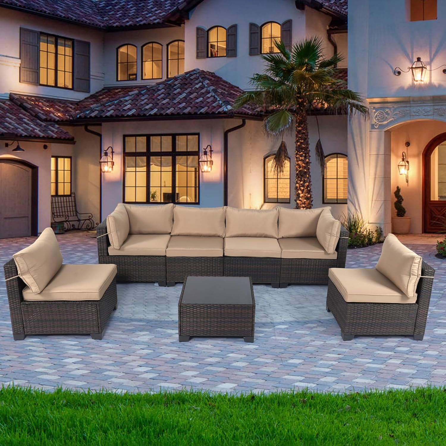 LEVELEVE 7 Pieces Outdoor Patio Furniture Sets,Rattan Conversation Sectional Set,Manual Weaving Wicker Patio Sofa with Tea Table - Image 7
