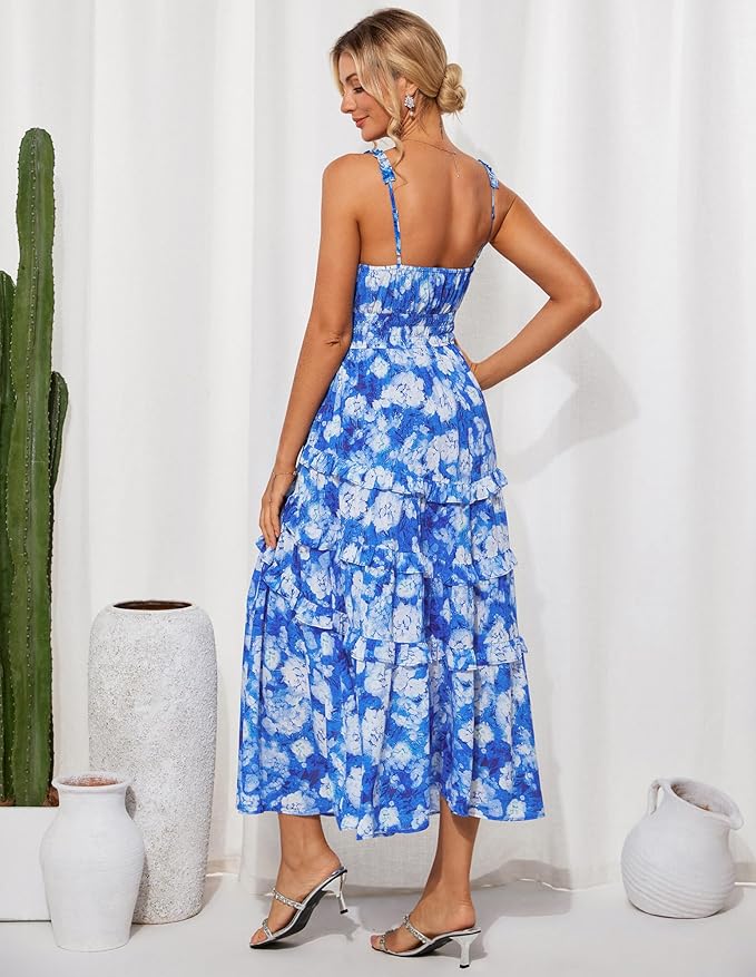 GRACE KARIN Women's Floral Summer Wedding Guest Dresses 2025 Trendy Long Flowy Smocked Tiered Maxi Dress - Image 3