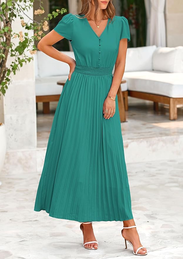PRETTYGARDEN Women's Maxi Dresses 2025 Summer Trendy Cap Short Sleeve Button V Neck Casual Flowy Pleated Long Dress - Image 2