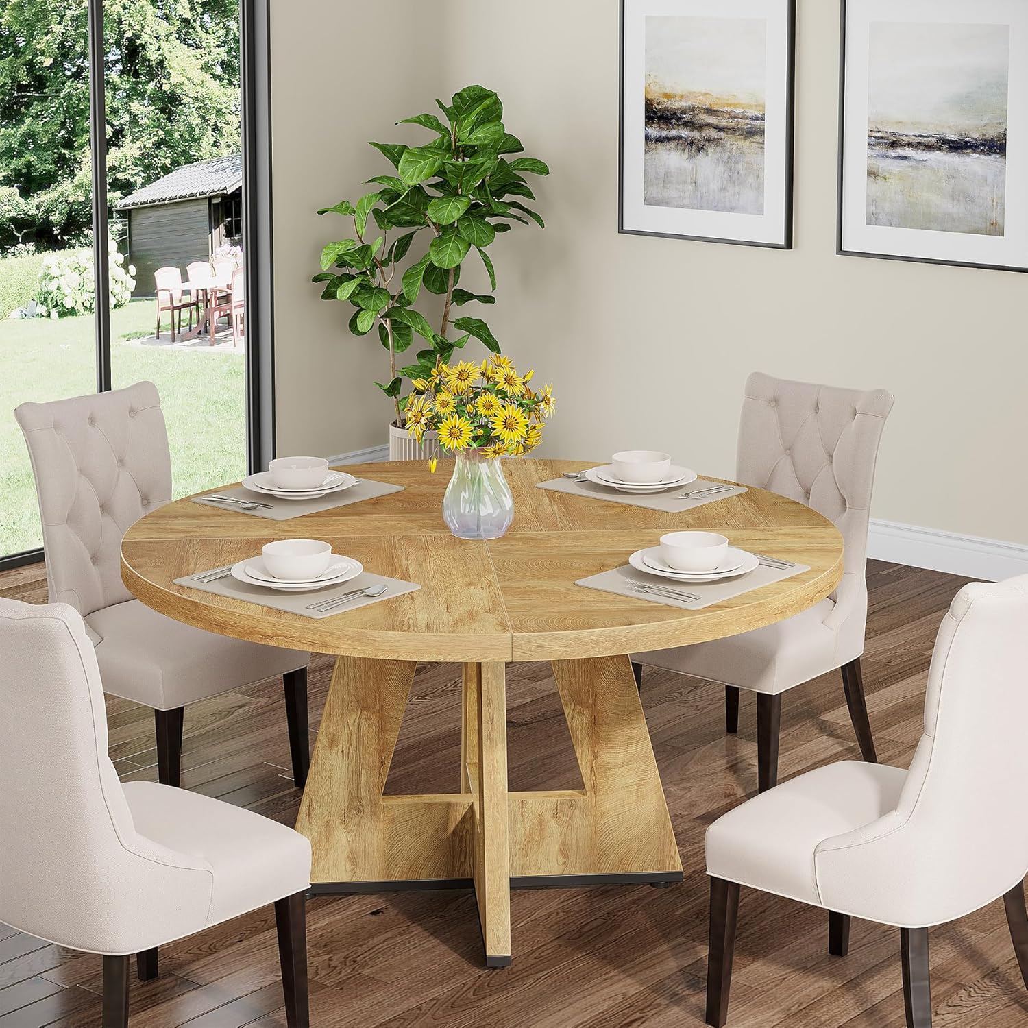 Tribesigns Round Dining Table Wood Kitchen Table for Dining Room, 47" Dinning Room Tables for 4 Adult, Farmhouse Dinner Table with Wooden Tabletop and Cross Base, Light Wood - Image 3