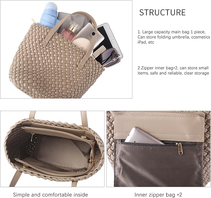 Woven Bags for Women Tote Hobo Shoulder Crossbody Bags PU Leather Handwoven Purse Summer Beach Travel Handbag (Khaki) - Image 3