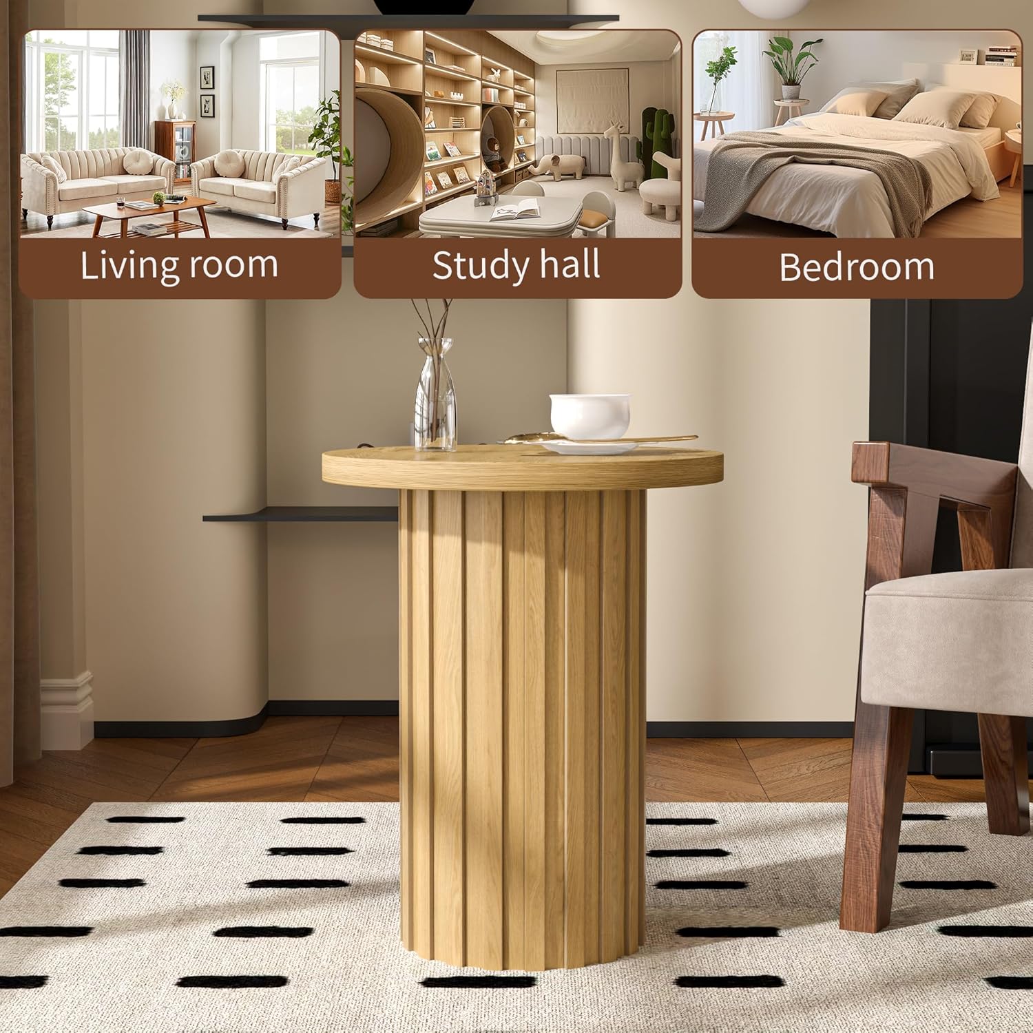Farmhouse Pedestal End Table Round Side Table with Fluted Panel Rustic Drink Table for Small Space Living Room (Wood Color) - Image 3