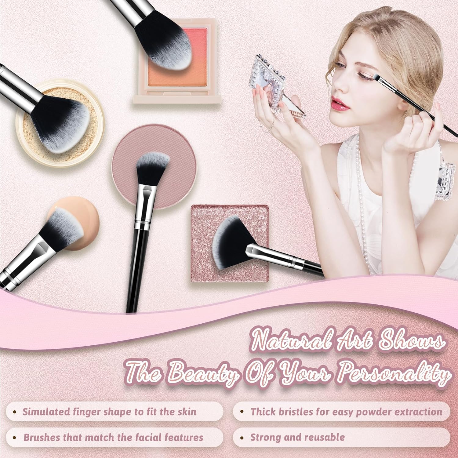 BS-MALL Makeup Brushes Set 14 Pcs with 1 Pcs Makeup Sponge – Essential Foundation Powder Concealers, Eye Shadows, Blush Makeup Brushes with Travel Makeup Case (Champagne) - Image 6