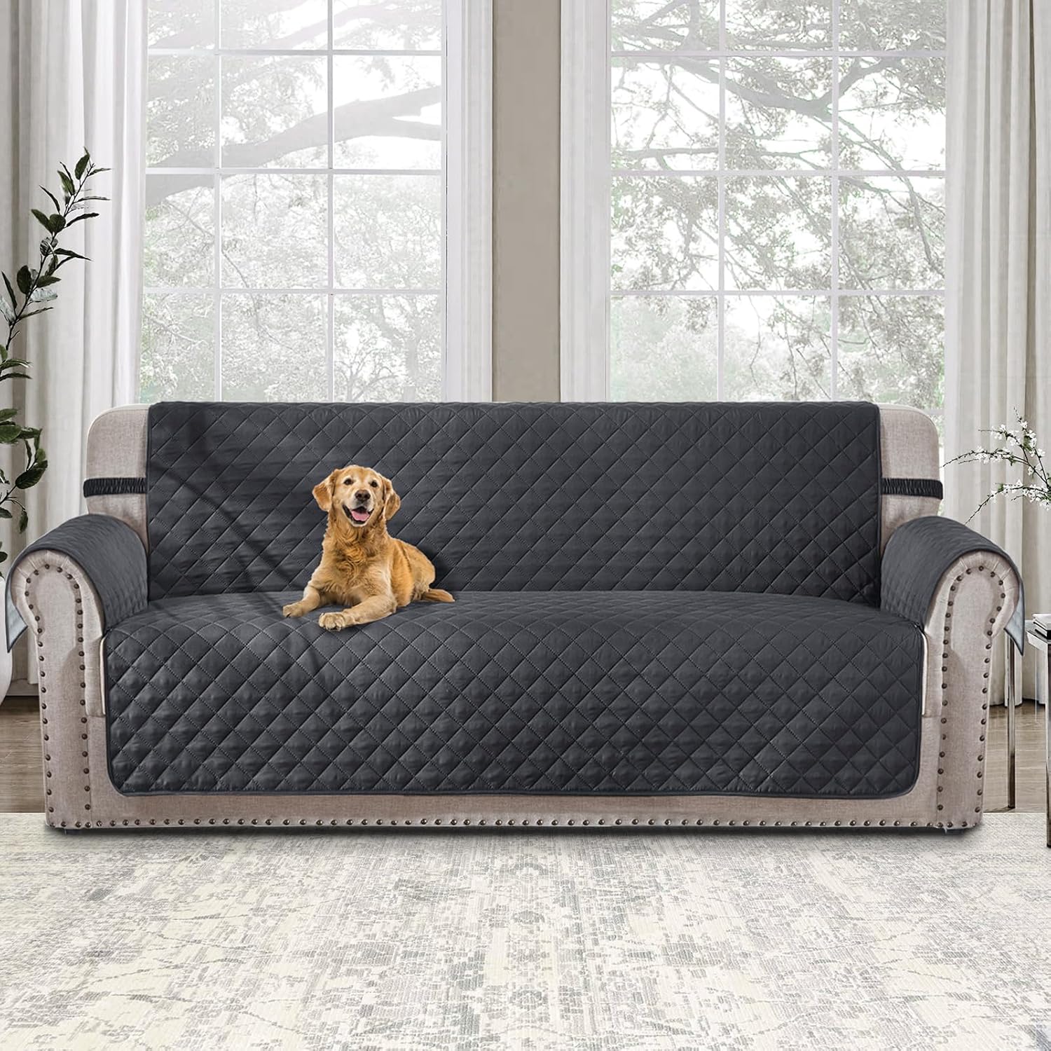 HOMERILLA Reversible 4 Seater Couch Cover for Dogs Water Resistant Washable Pets Furniture Protector Sofa Cover with Elastic Straps (4 Seater Sofa, Dark Grey/Light Grey) - Image 6