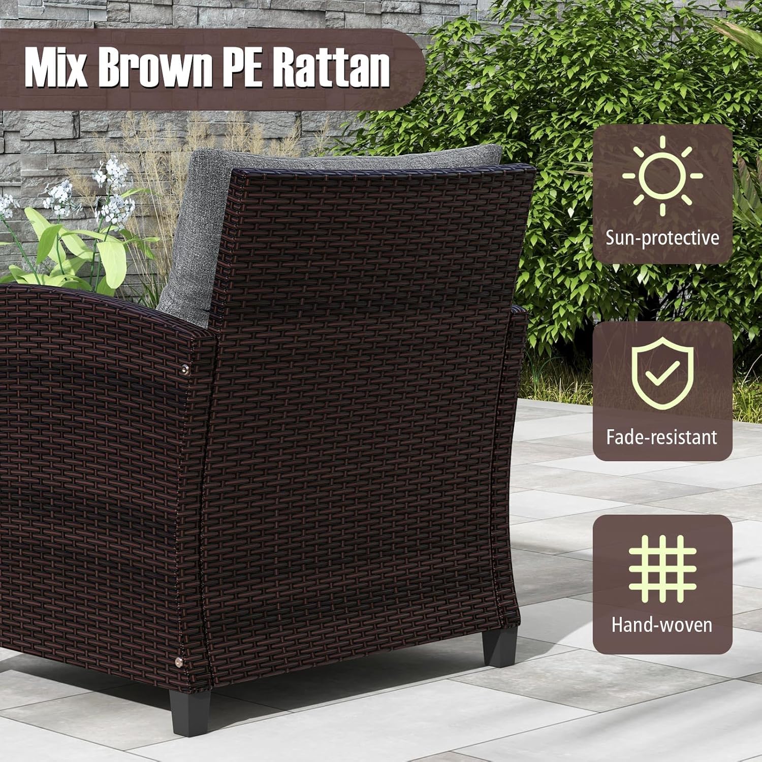 Tangkula 3 Pieces Patio Furniture Set, PE Rattan Wicker 3 Pcs Outdoor Sofa Set w/Washable Cushion and Tempered Glass Tabletop, Conversation Furniture for Garden Poolside Balcony (Grey) - Image 5