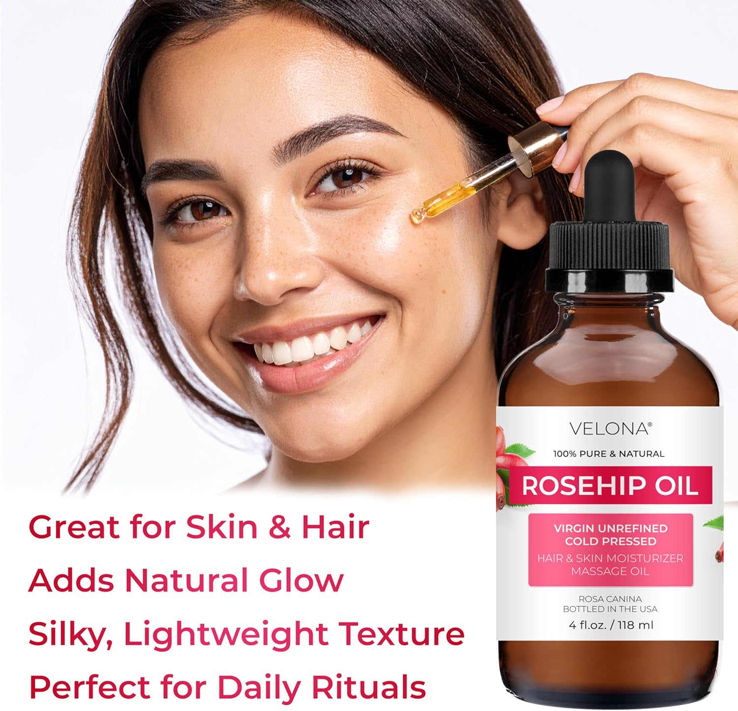 velona Rosehip Oil - 4 Fl Oz | 100% Pure and Natural Carrier Oil| Unrefined, Cold Pressed, Hexane Free | Moisturizing Face, Hair, Body, Skin Care, Stretch Marks, Scars… - Image 3