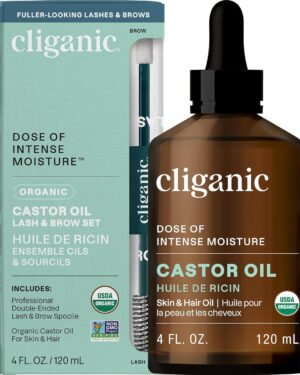 Cliganic Organic Castor Oil, 100% Pure (4oz Glass Bottle with Eyelash Kit) - For Eyelashes, Eyebrows, Hair & Skin (Packaging May Vary)