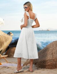 GRACE KARIN Women's 2025 Summer Ruffle Sleeve Midi Dress Square Neck Hollow Out Eyelet Smocked Beach Long Dress with Pockets - Image 5