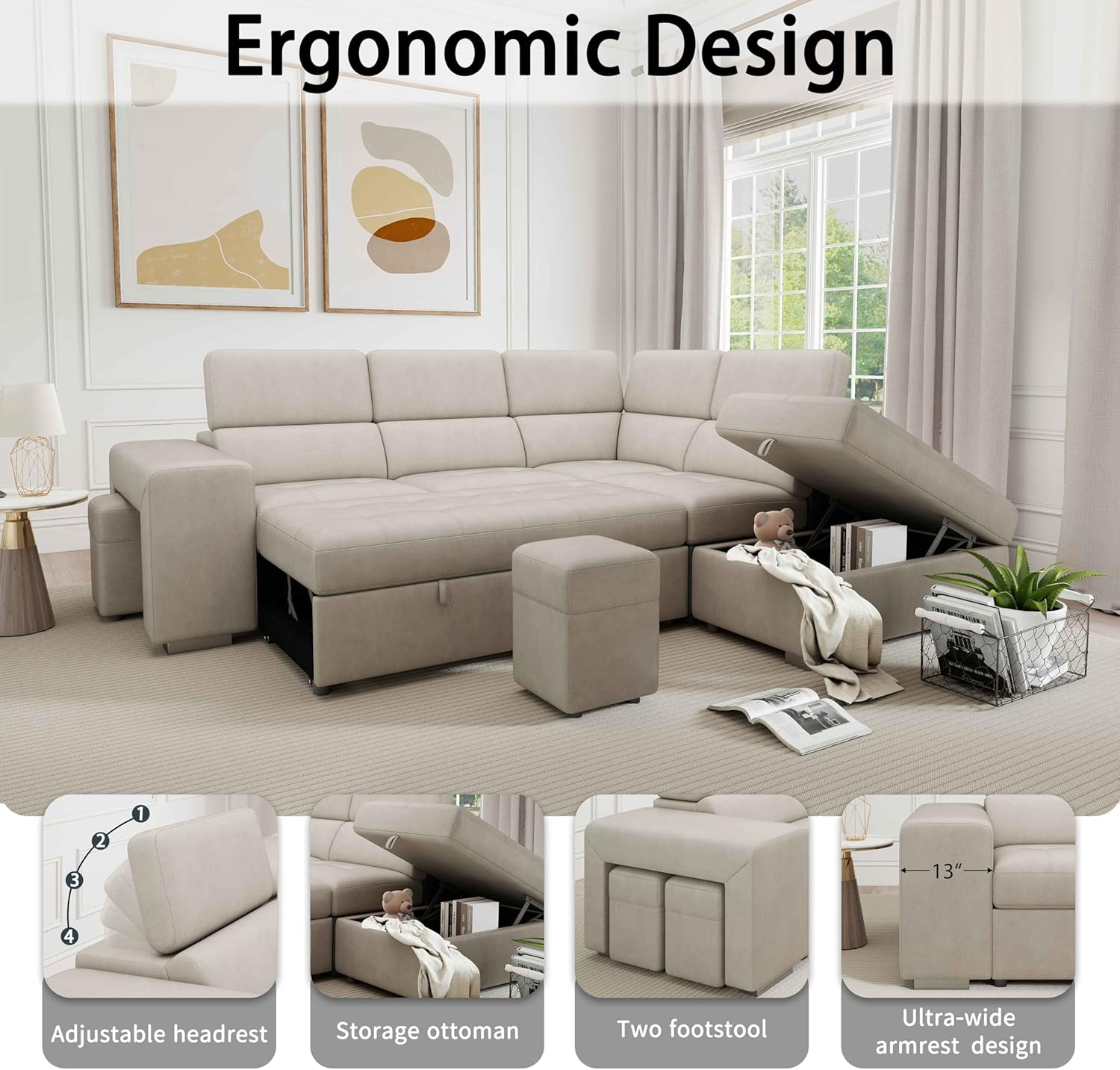 THSUPER 104'' Microfiber L Shaped Sectional Sleeper Sofa Couch with Pull Out Bed and Storage Ottoman, Convertible Couches with Adjustable Headrest... - Image 7
