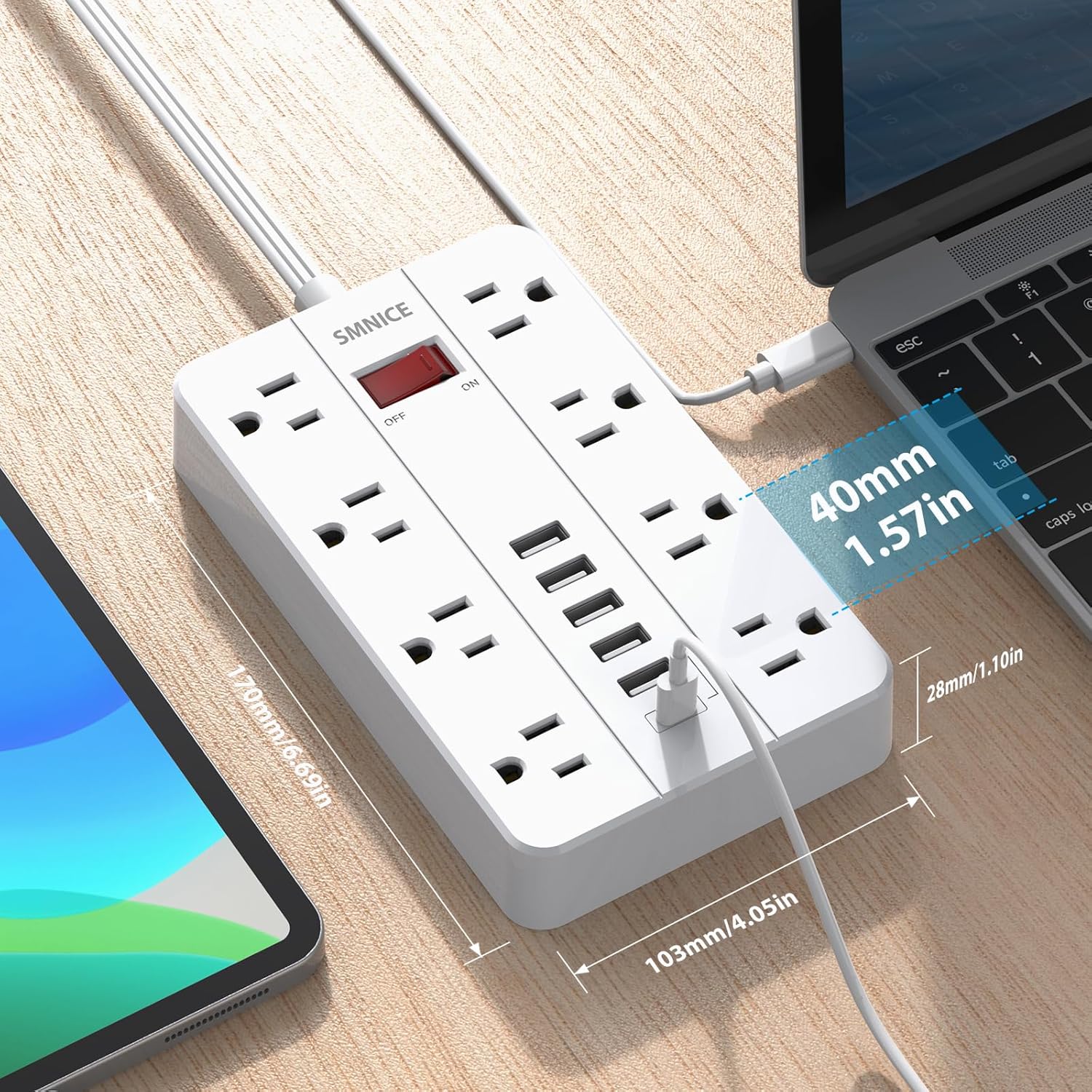 Power Strip with USB,Surge Protector Flat Plug with 8 Widely Spaced Outlets and 6 USB Ports(1 USB C), 5ft Extension Cord Wall Mountable Phone Tablet Laptop Computer Multiple Devices - Image 3