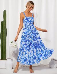 GRACE KARIN Women's Floral Summer Wedding Guest Dresses 2025 Trendy Long Flowy Smocked Tiered Maxi Dress - Image 4