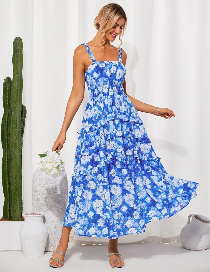 GRACE KARIN Women's Floral Summer Wedding Guest Dresses 2025 Trendy Long Flowy Smocked Tiered Maxi Dress - Image 4