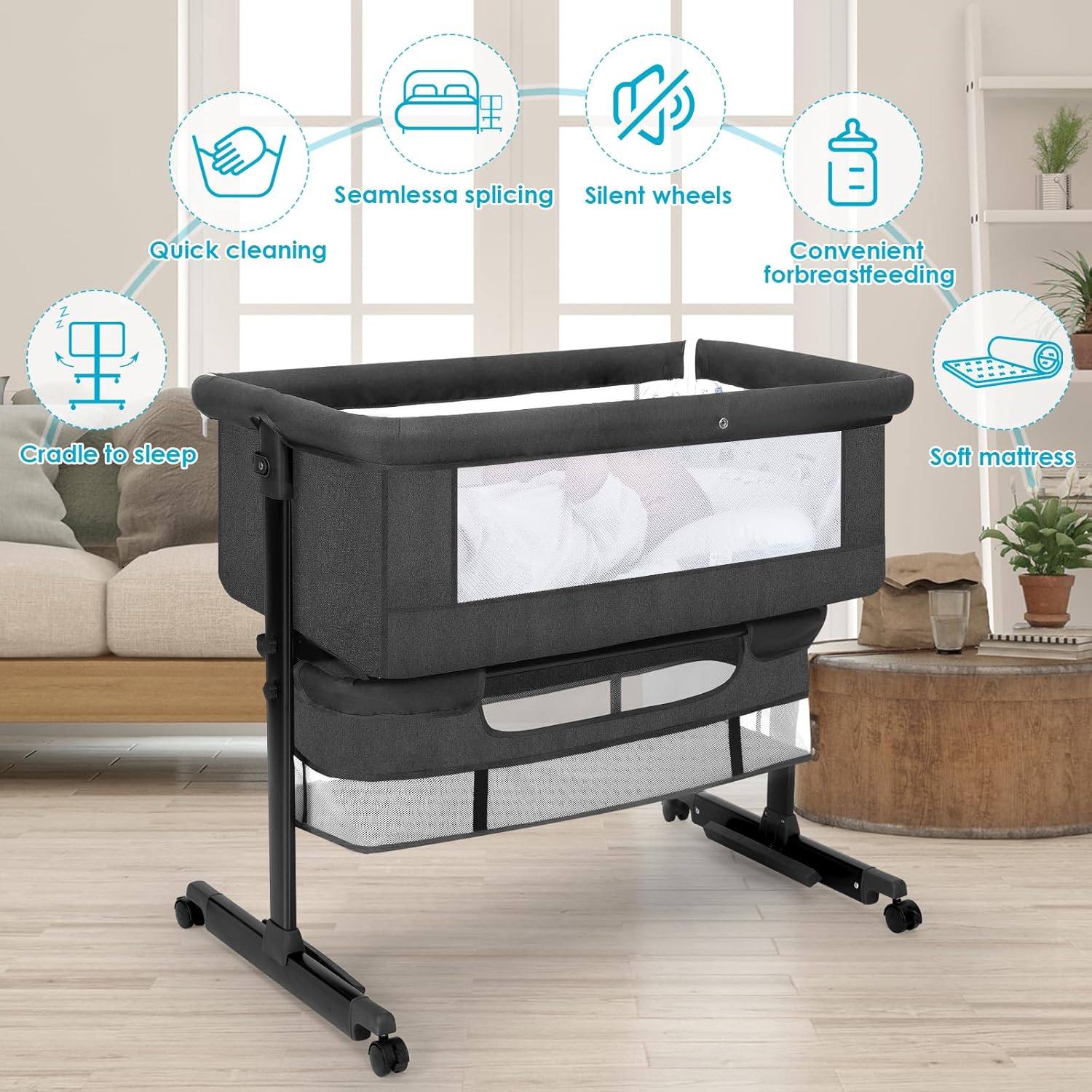 Baby Bassinet, Baby Basinet Bedside Sleeper, Easy to Fold Portable Crib Side Bassinet 2025new Style Girl/boy bassinets (Dark Gray) - Image 2