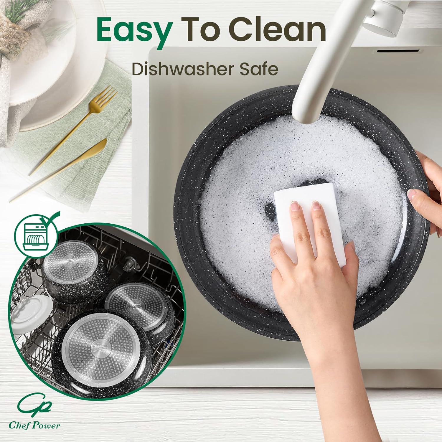 Chef Power Ceramic Nonstick Cookware Set 19 Piece with Detachable Handle, Induction Dishwasher Oven Safe Pans and Pots Set, RV Kitchen Set Removable Handle, Rock Stone Black - Image 4