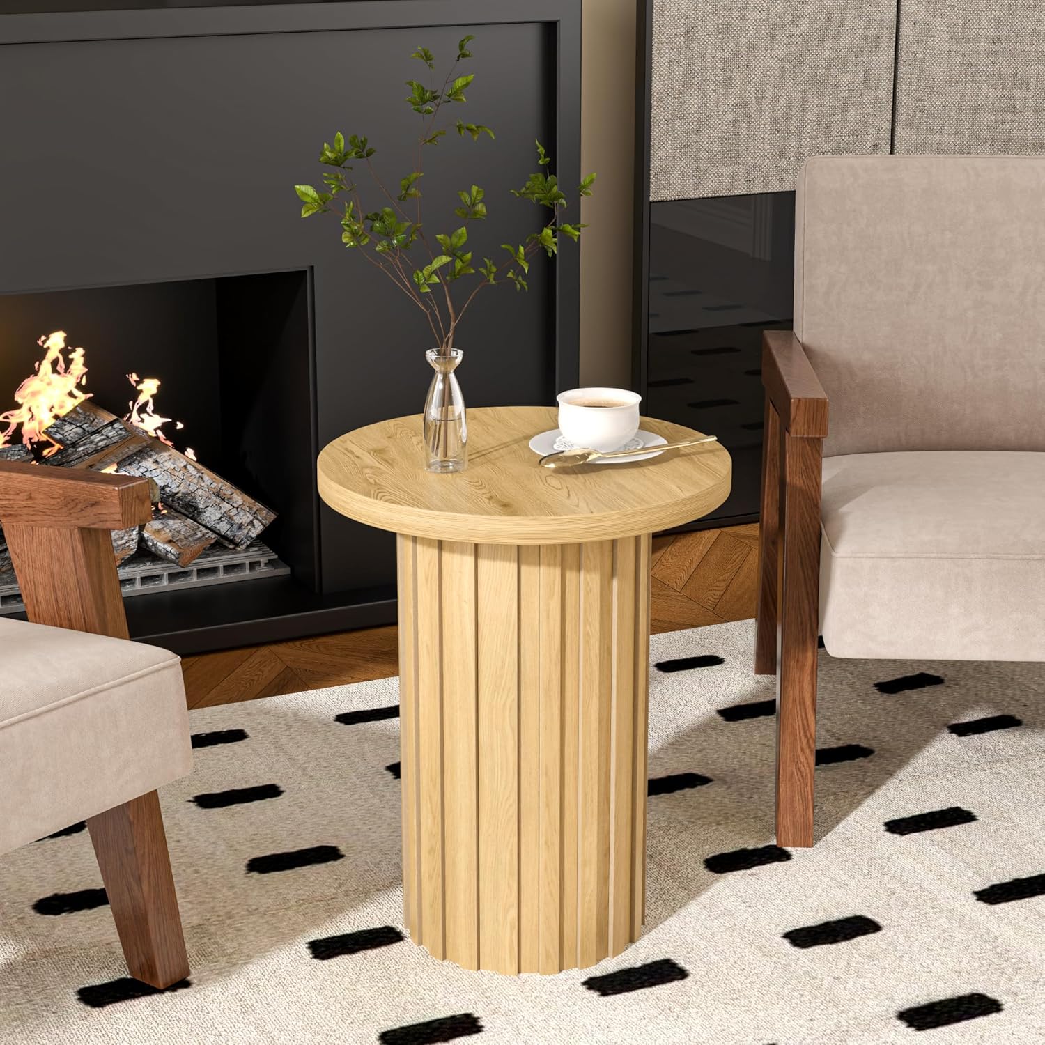 Farmhouse Pedestal End Table Round Side Table with Fluted Panel Rustic Drink Table for Small Space Living Room (Wood Color) - Image 4