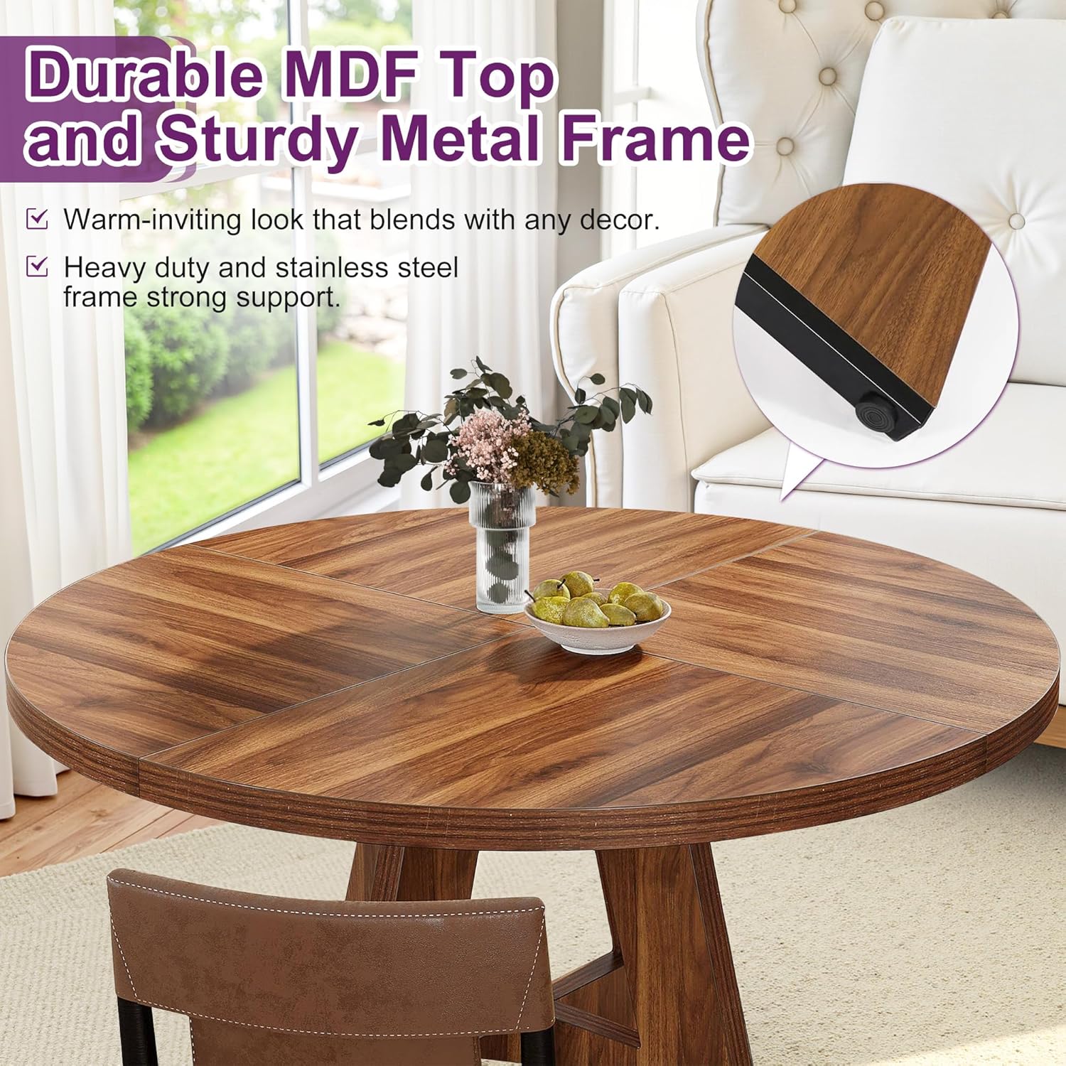 Round Dining Table for 4, 47" Wooden Kitchen Dinner Table Rustic, Farmhouse Table for Dining Room, Living Room, Brown - Image 6