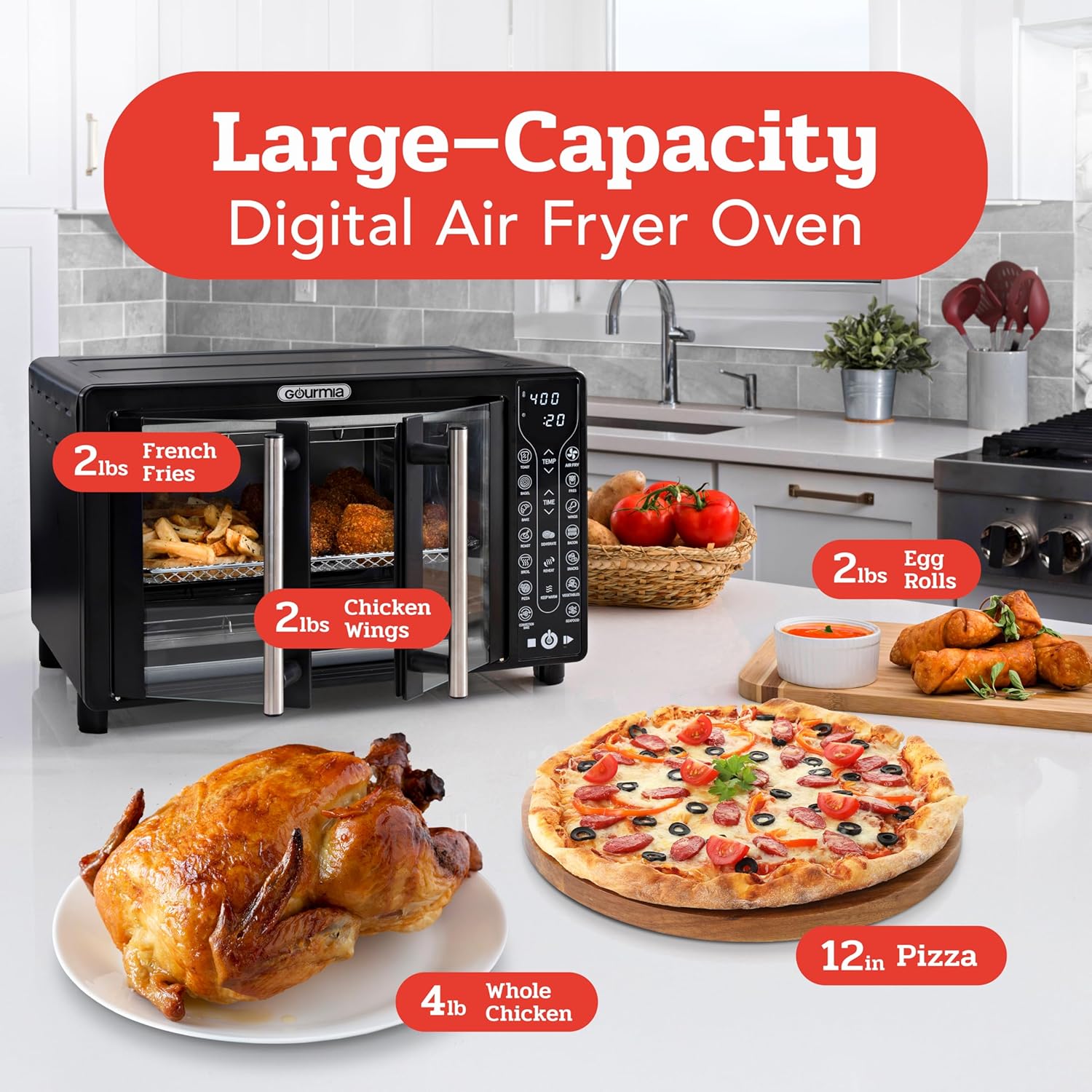 Gourmia Toaster Oven Air Fryer Combo 17 cooking presets 1700W french door digital air fryer oven 24L capacity accessories, convection rack, baking pan tray recipe book GTF7460,Large,Black - Image 7