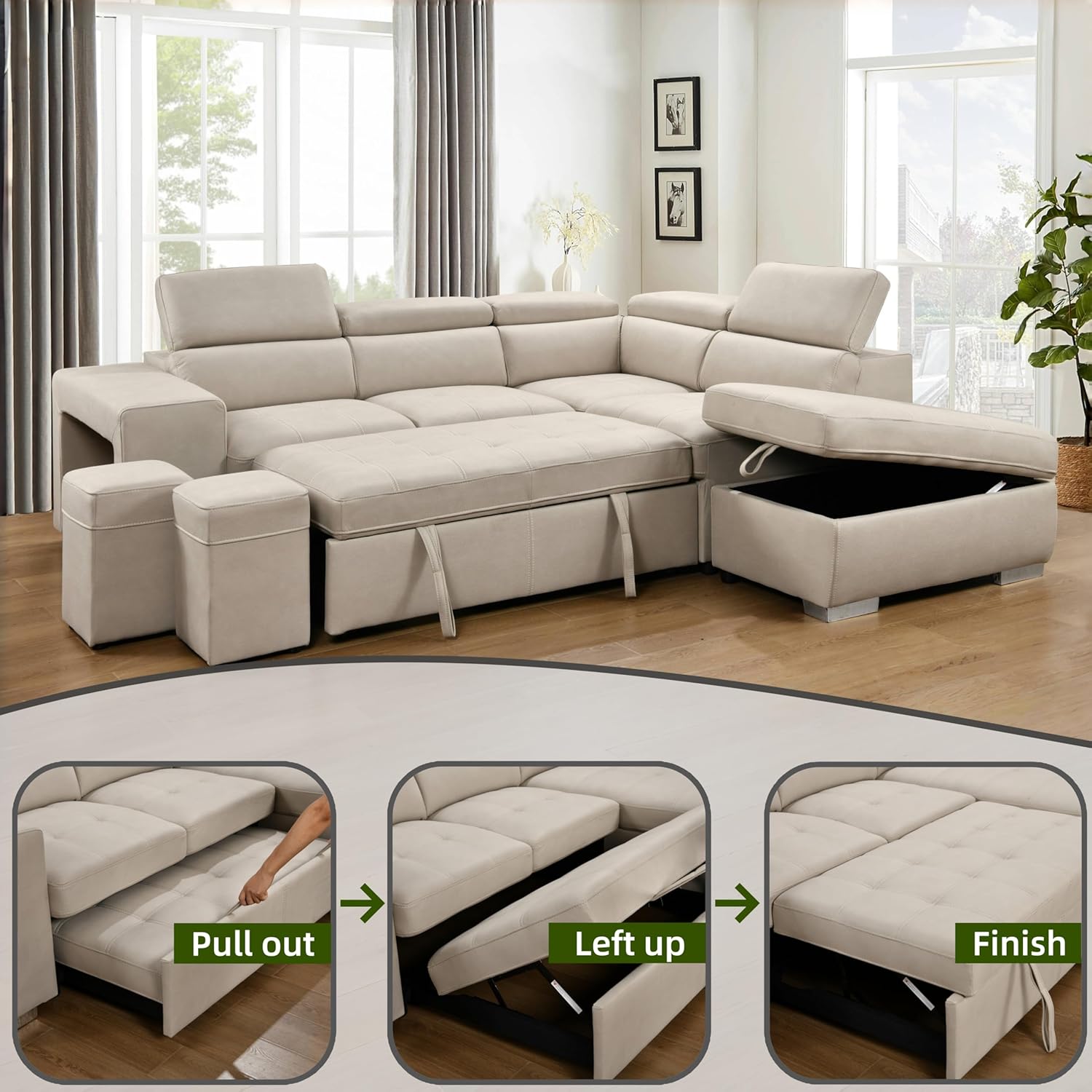THSUPER 104'' Microfiber L Shaped Sectional Sleeper Sofa Couch with Pull Out Bed and Storage Ottoman, Convertible Couches with Adjustable Headrest... - Image 3
