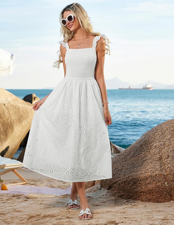 GRACE KARIN Women's 2025 Summer Ruffle Sleeve Midi Dress Square Neck Hollow Out Eyelet Smocked Beach Long Dress with Pockets - Image 3