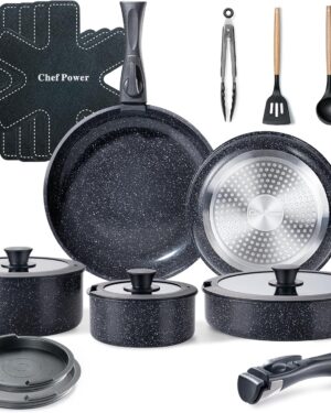 Chef Power Ceramic Nonstick Cookware Set 19 Piece with Detachable Handle, Induction Dishwasher Oven Safe Pans and Pots Set, RV Kitchen Set Removable Handle, Rock Stone Black