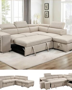 THSUPER 104'' Microfiber L Shaped Sectional Sleeper Sofa Couch with Pull Out Bed and Storage Ottoman, Convertible Couches with Adjustable Headrest...