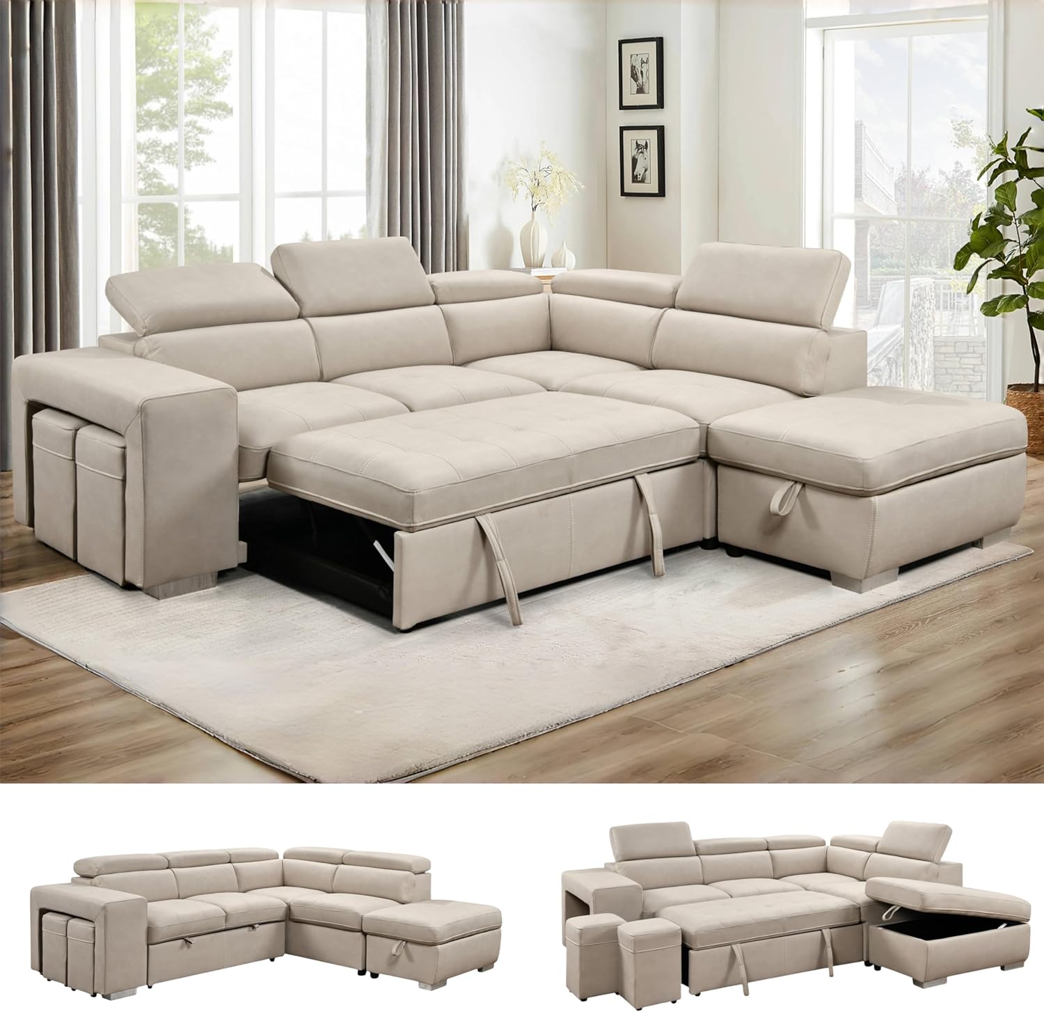 THSUPER 104'' Microfiber L Shaped Sectional Sleeper Sofa Couch with Pull Out Bed and Storage Ottoman, Convertible Couches with Adjustable Headrest...