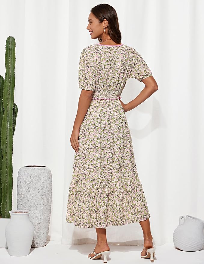 GRACE KARIN 2025 Women's Summer Floral Flowy A Line Midi Dresses Elegant Short Sleeve Smocked V-Neck Tiered Dresses - Image 2