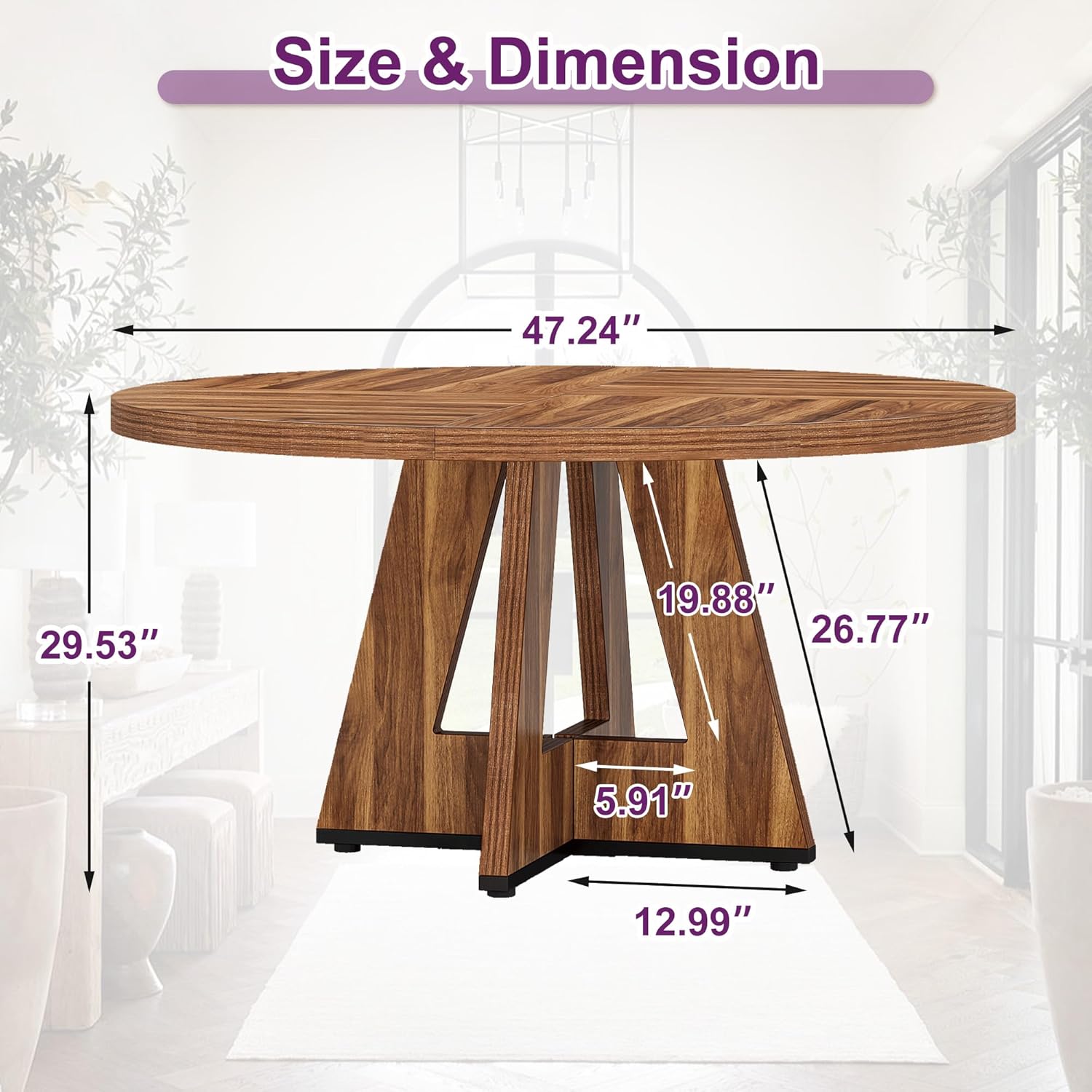 Round Dining Table for 4, 47" Wooden Kitchen Dinner Table Rustic, Farmhouse Table for Dining Room, Living Room, Brown - Image 7