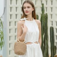 Herald Handmade Straw Top Handle Satchel Handbag for Women, Chic Woven Drawstring Bucket Crossbody Shoulder Purse (Brown) - Image 6