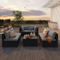 7 Pieces Outdoor Patio Furniture Set, PE Rattan Outdoor Wicker Sectional Furniture Sofa Set, with Cushions and Glass Coffee Table, for Balcony, Porch, Garden, Grey - Image 2
