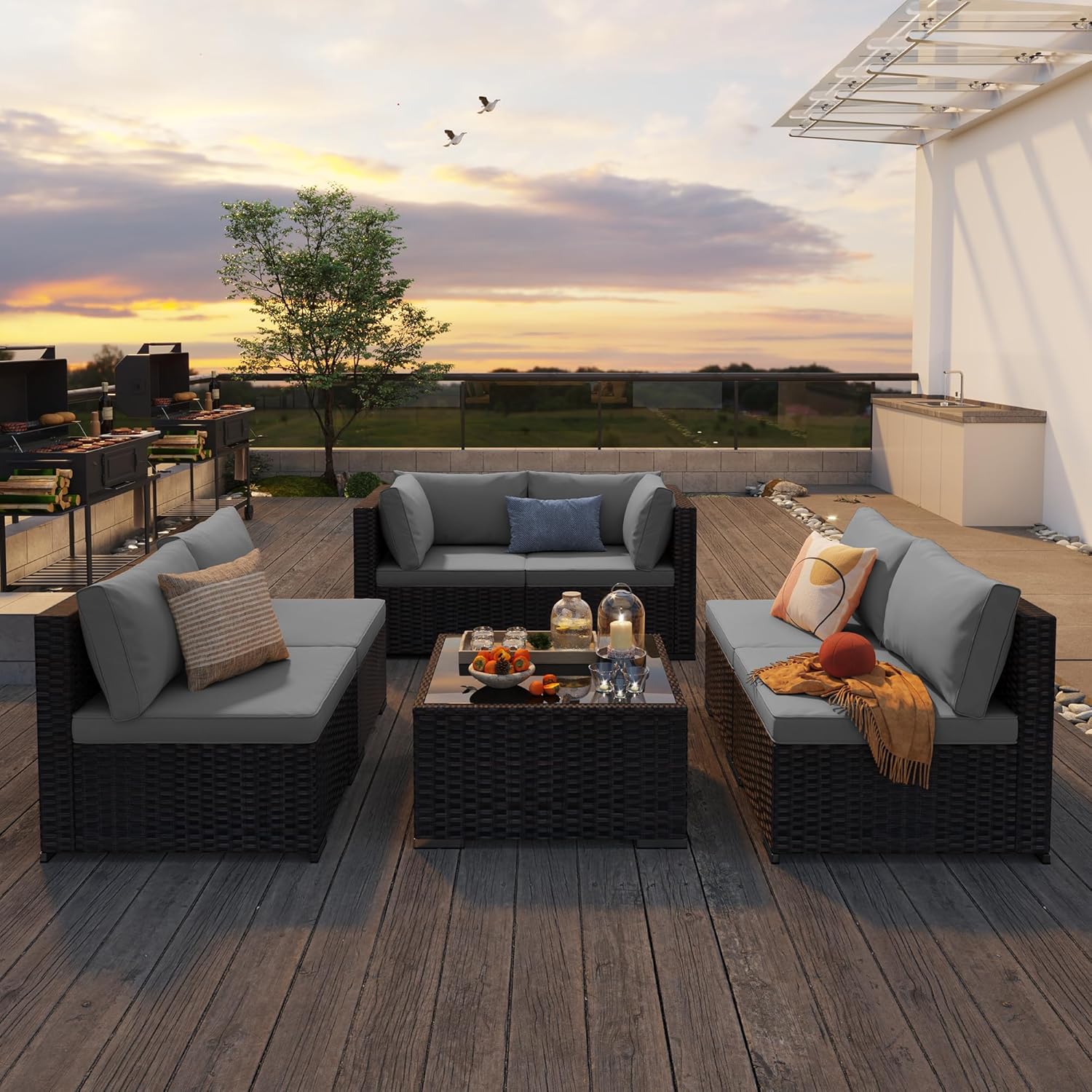 7 Pieces Outdoor Patio Furniture Set, PE Rattan Outdoor Wicker Sectional Furniture Sofa Set, with Cushions and Glass Coffee Table, for Balcony, Porch, Garden, Grey - Image 2