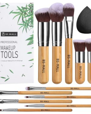 BS-MALL Professional Makeup Brush Set, 11 Pieces with Sponge Puffs and Travel Case, Bamboo Handle Brushes for Foundation and Eye Makeup (Bamboo Brush)