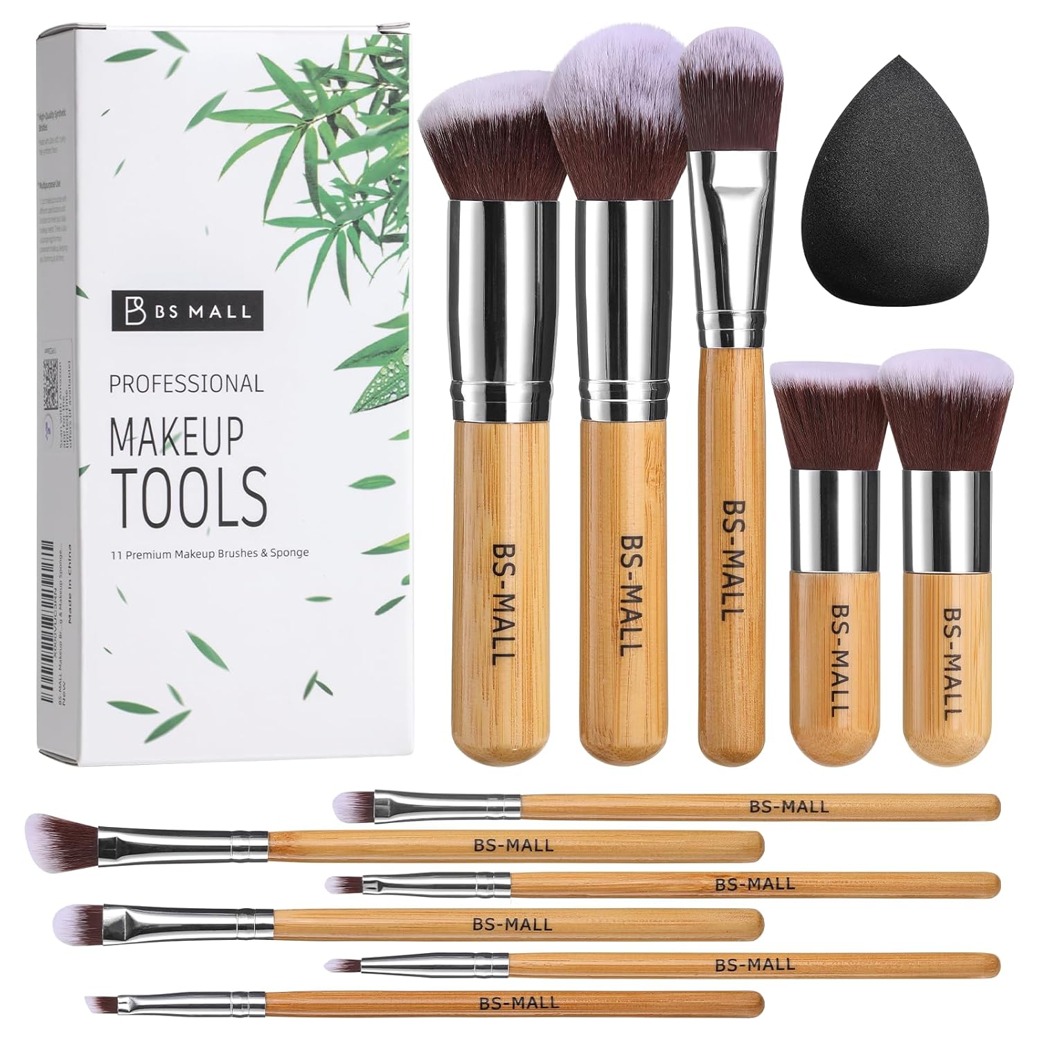 BS-MALL Professional Makeup Brush Set, 11 Pieces with Sponge Puffs and Travel Case, Bamboo Handle Brushes for Foundation and Eye Makeup (Bamboo Brush)