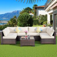 FHFO 7 Piece Outdoor Wicker Patio Furniture Set, Rattan Sectional Sofa Couch, Patio Conversation Set with Cushion & Coffee Table, for Backyard Poolside Porch Garden, Brown-Beige - Image 7