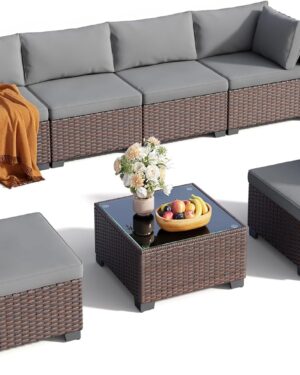 7 Pieces Outdoor Patio Furniture Set, PE Rattan Outdoor Wicker Sectional Furniture Sofa Set, with Cushions and Glass Coffee Table, for Balcony, Porch, Garden, Grey