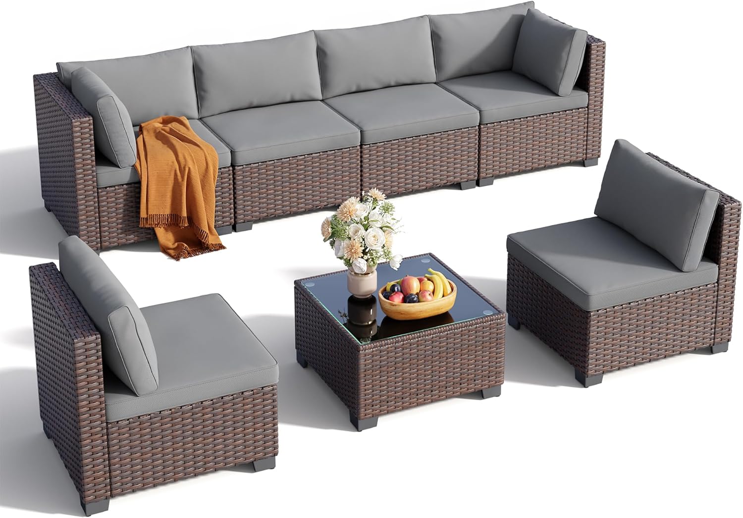 7 Pieces Outdoor Patio Furniture Set, PE Rattan Outdoor Wicker Sectional Furniture Sofa Set, with Cushions and Glass Coffee Table, for Balcony, Porch, Garden, Grey