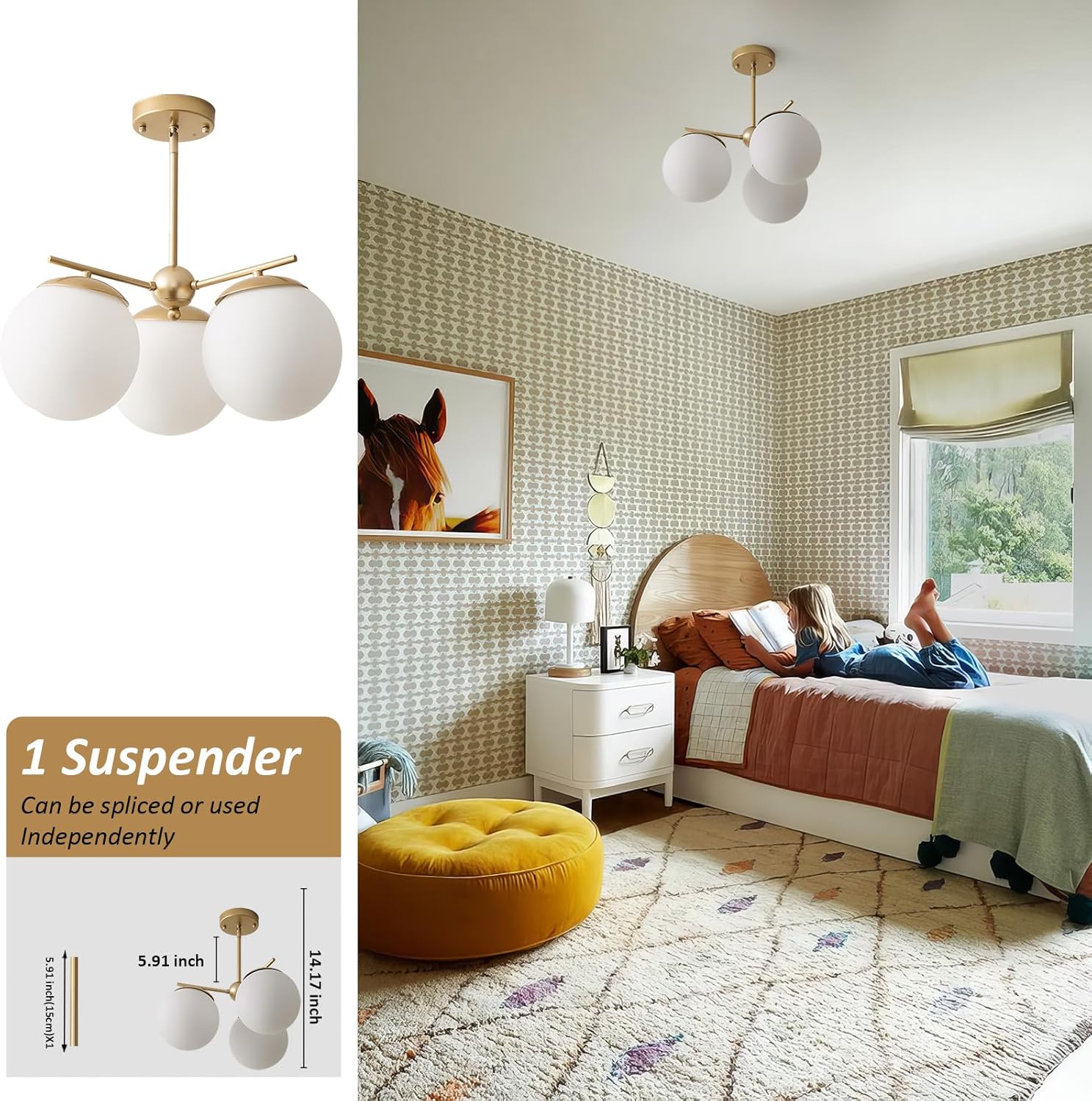 Globe Sputnik Chandelier Light Fixture 3-Light Milk White Glass Pendant Light Nordic Mid-Century Modern Ball Chandelier for Dining Room,Island,Bedroom,Living Room,Height Adjustable - Image 3