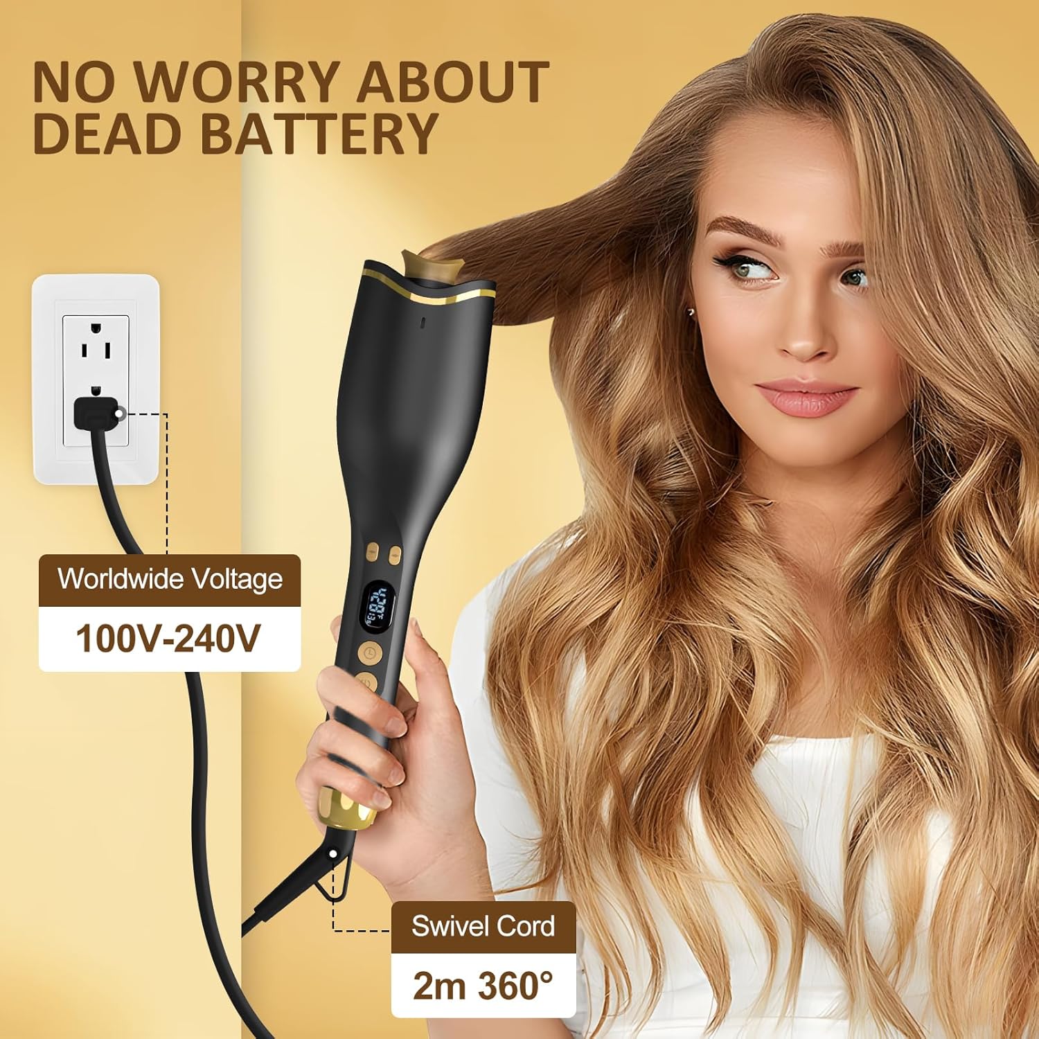 Automatic Curling Iron, Hair Curler 1" Large Slot, 4 Temperature Settings, 12s-19s Timers, Dual Voltage, Anti-Scald, Anti-Tangle, Auto Shut-Off, LCD Display, Fast Heating Easy for Use, Black - Image 2